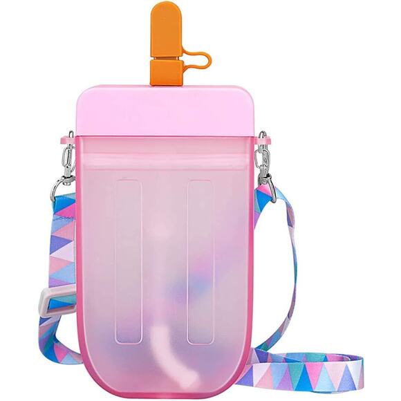 New Cute Straw Water Bottle Ice Cream Popsicle Cup with Shoulder Strap. Pink - Picture 1 of 11